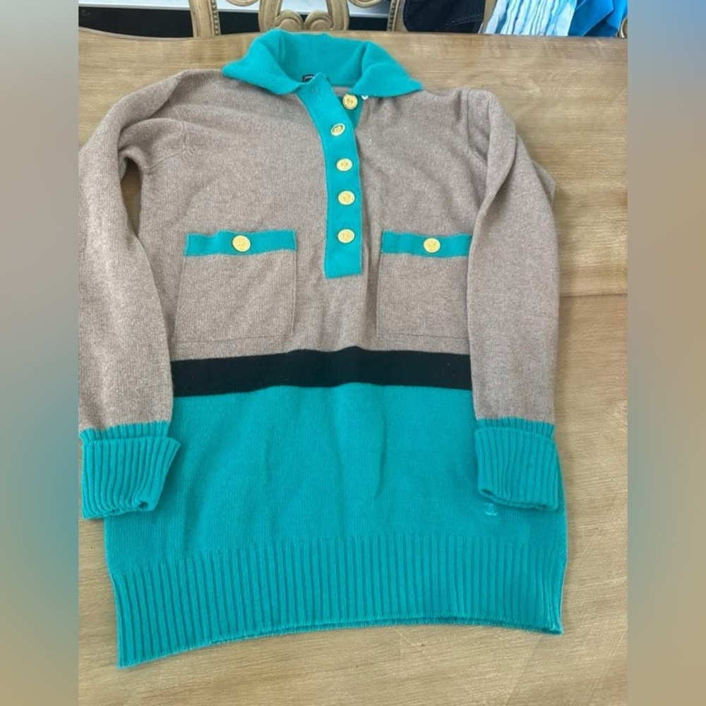 Chanel Blue/Green & Beige Knit dress/top with gold buttons - 4